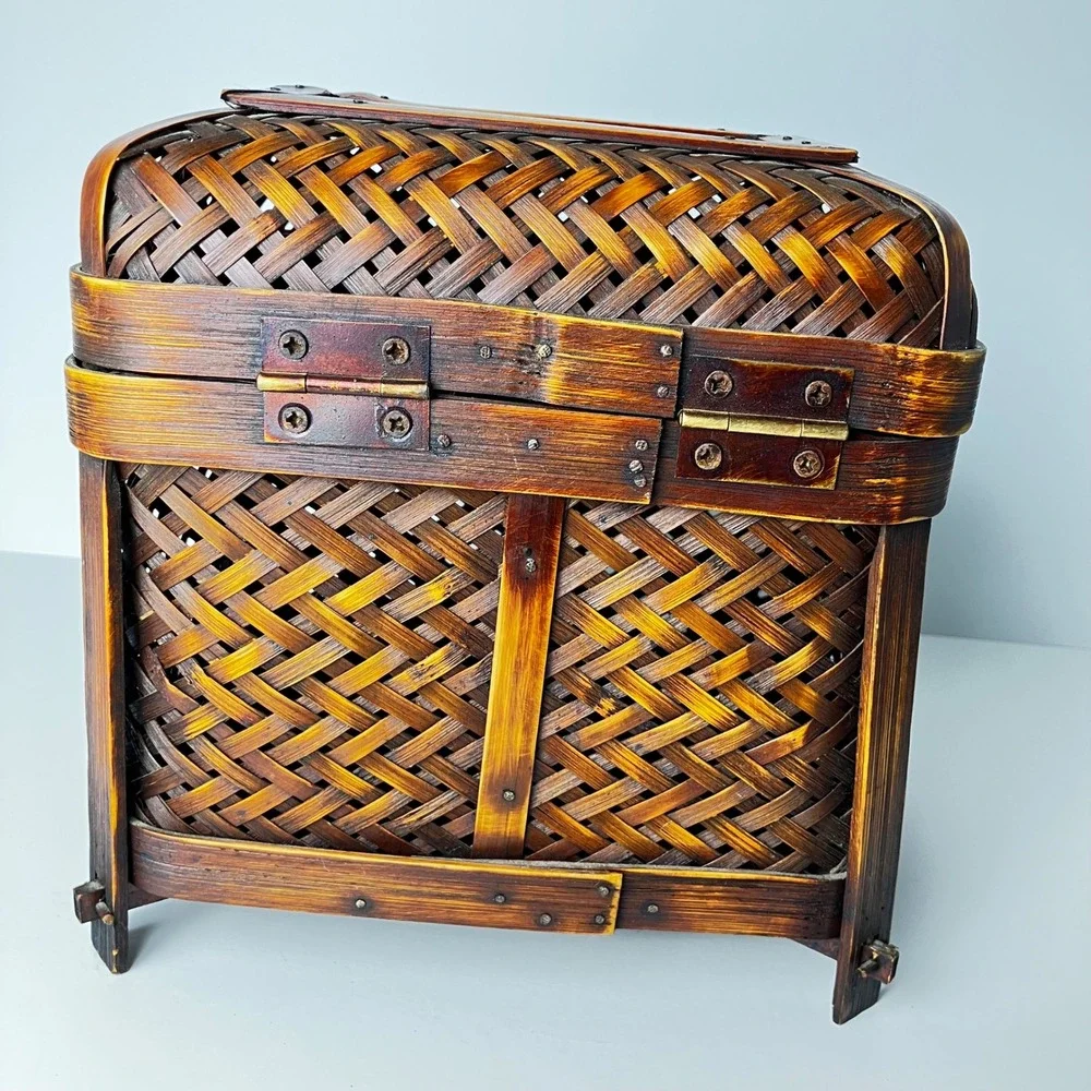 Vintage Storage Chest Brown Footed Keepsake Box Decor Handcrafted Woven Bamboo